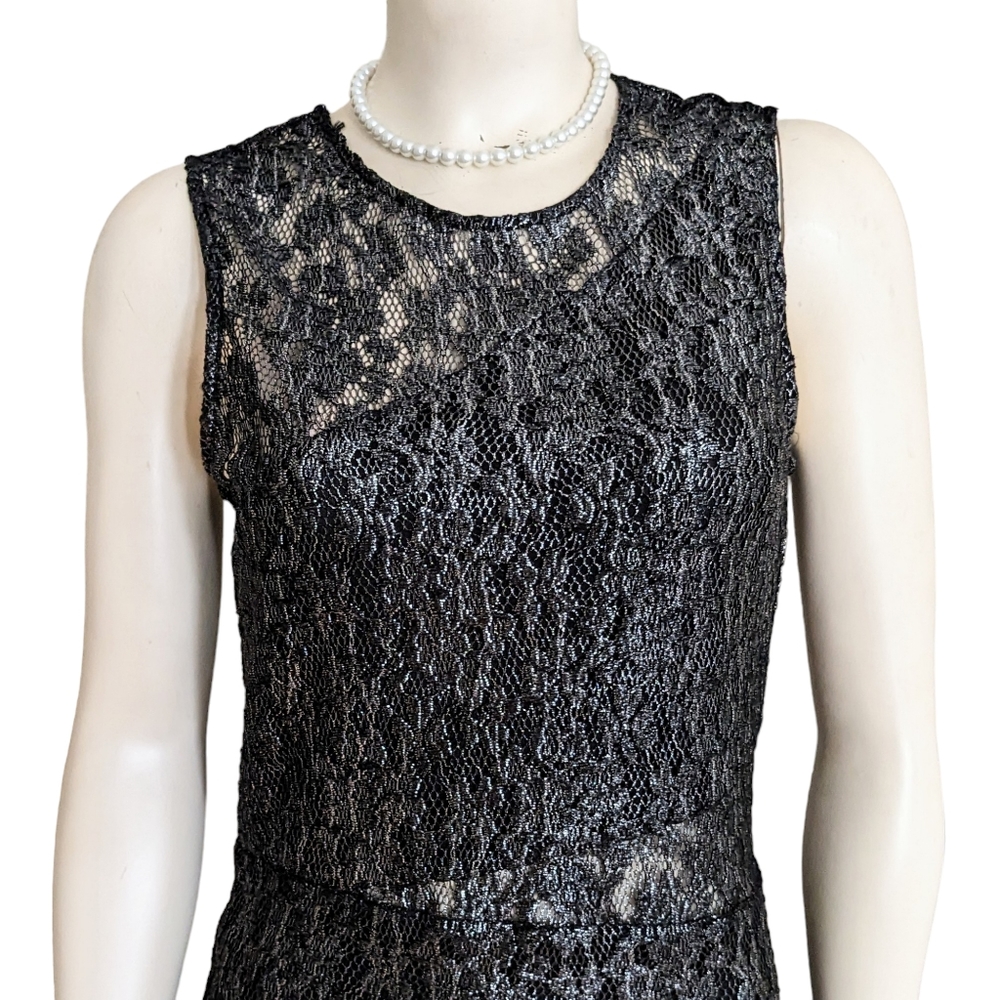 Parker Gunmetal Gray Metallic Lace Illusion Sheath Dress Size Large - Picture 3 of 11